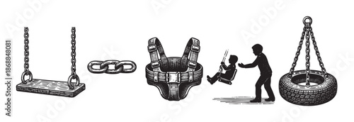 Black and white illustration of various playground elements including a wooden swing, a tire swing, and a safety harness, with a silhouette of a child being pushed on a swing by an adult.