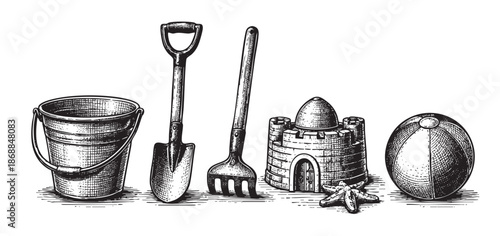A classic ink drawing of beach toys including a bucket, shovel, rake, sand castle, starfish, and ball arranged on a white background.