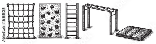 This detailed line art illustration features a collection of playground climbing equipment, including a rope net, climbing wall, ladder, monkey bars, and a mat.
