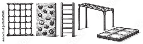A set of black and white ink sketch illustrations depict playground climbing equipment including a rope net, climbing wall, ladder, horizontal bar, and mat, ideal for fitness or play concepts.