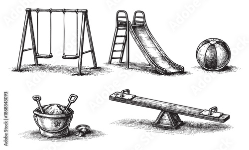 Hand-drawn sketch of various vintage playground items including a swing set, slide, seesaw, sand bucket with shovel, and ball, rendered in a classic black and white ink style on white background.
