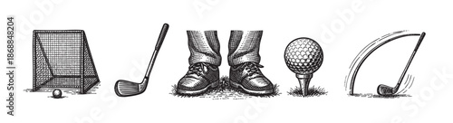 A black and white sketch collage features elements of a golf game including a net, club, player's feet in shoes, golf ball on tee, and a club in motion.