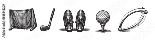 A vintage line art illustration showcases essential golf equipment, including a practice net, club, shoes, ball on tee, and a ball in motion.