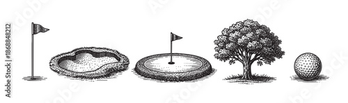 This vintage-style line drawing showcases essential golf course elements including a flag, bunker, putting green, tree, and golf ball, perfect for sports and leisure designs.