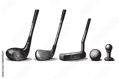 An artistic woodcut illustration depicts a progression of golf clubs from driver to putter, alongside a golf ball and tee, in black and white.