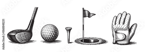 Vintage black and white line art illustration showcasing golf equipment including a club, ball, tee, hole, flag, and glove against a white background.