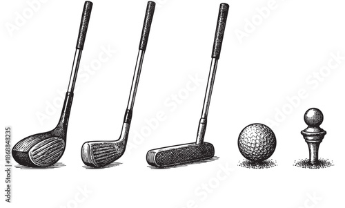 A detailed black and white sketch of various golf clubs, a golf ball, and a tee, presented on a clean white background with a vintage artistic style.