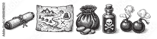 A classic black and white illustration featuring pirate-themed objects like a treasure map, a money bag, a poison bottle, and bombs, evoking adventure and mystery.