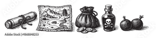 A collection of pirate treasures including a rolled scroll, a treasure map, a money bag with coins, a poison bottle with a skull symbol, and two cannonballs.
