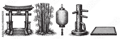 A vintage ink drawing showcases traditional Asian elements like a torii gate, bamboo, lantern, martial arts dummy, and Go board arranged against a white background.