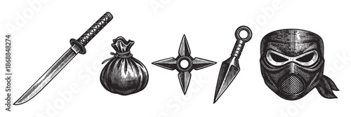 A detailed black and white sketch displays a collection of traditional ninja tools, including a katana, a money bag, a shuriken, a kunai, and a face mask, arranged on a white background.
