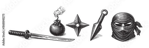A vintage style illustration depicts a ninja mask, smoke bomb, shuriken, and katana sword, rendered in black and white line art on a white background, evoking mystery and combat.