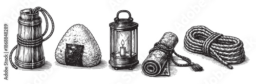 A detailed black and white sketch of vintage travel items including a bamboo container, onigiri, a lantern with a candle, a scroll, and a coiled rope.