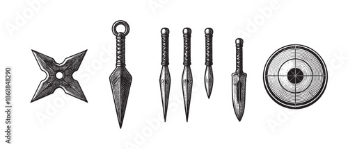 A detailed hand-drawn sketch on white background features a shuriken, two kunai knives, three arrows, and a target, evoking a sense of combat and precision.
