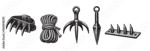 A detailed illustration featuring a collection of traditional ninja tools, including a shuriken, kunai, caltrops, and a coil of rope, rendered in a classic black and white sketch style.
