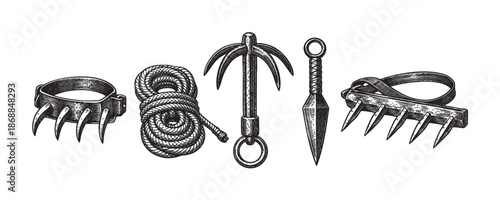 A detailed black and white illustration of five antique martial arts weapons and tools, including claws, rope, grappling hook, shuriken, and knuckle dusters, set against a white background.