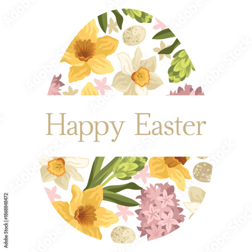 Hand-drawn spring Easter egg shape greeting card with yellow daffodil and pink hyacinth flowers and eggs and Happy Easter text