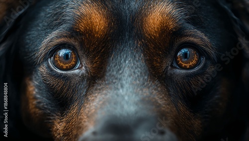 Closeup portrait of a rottweilers face with intense brown eyes