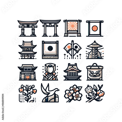 Set of black silhouette vector icons featuring a traditional Chinese house and home interior design symbols including a bed, chair, and sofa illustration