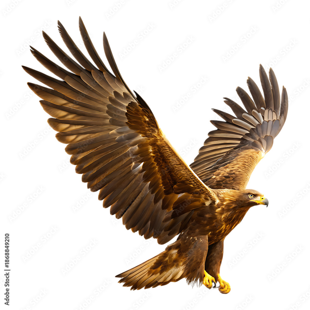 Obraz premium A brown eagle with wings spread wide isolated on transparent background flying through the air