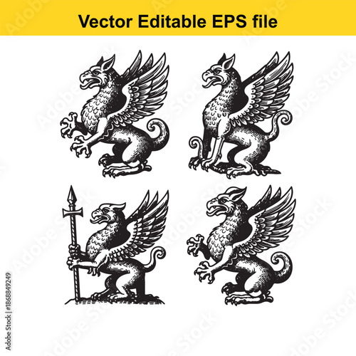 collection of four griffin illustrations in black and white vector format for design