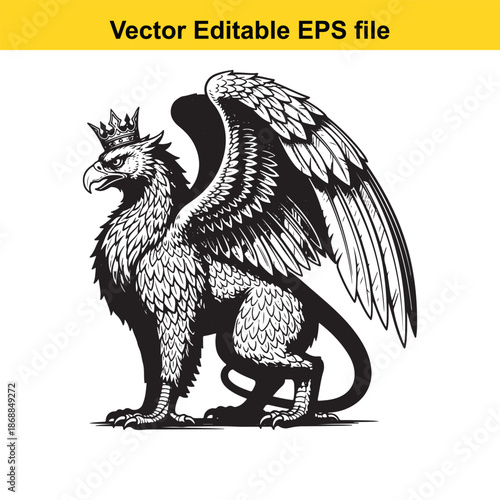 single griffin illustration with crown and wings spread isolated on white background