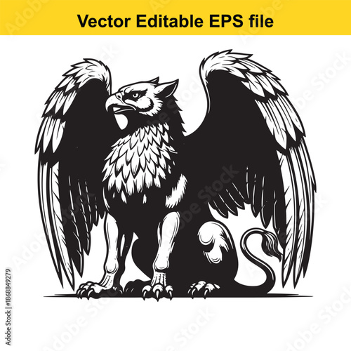 single majestic griffin illustration in black and white vector isolated on white background