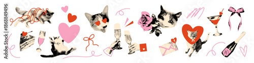 Cats in love halftone art collage cut outs set. Funny playful stickers, vintage dot texture and doodles, Valentine's day party, champagne, cheers, hearts. Modern retro mixed media vector illustration