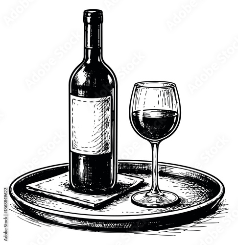 Hand drawn line art wine and beverage set featuring a wine bottle, a glass of wine, and a serving tray for bars and restaurants