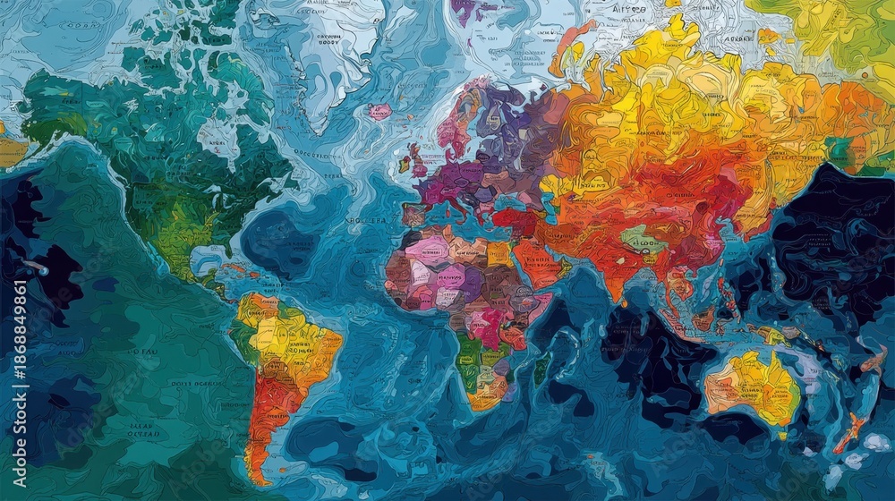 Fototapeta premium Vibrant global heat map displaying temperature variations across continents.