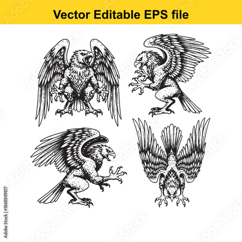 griffin illustrations in various poses and orientations in black and white vector format