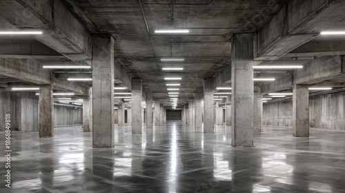 Spacious industrial concrete basement with reflective floor and overhead lighting.