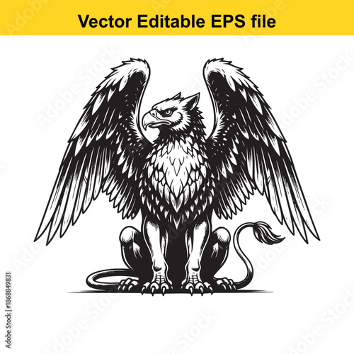 single majestic griffin creature standing proudly with wings spread wide isolated on white background