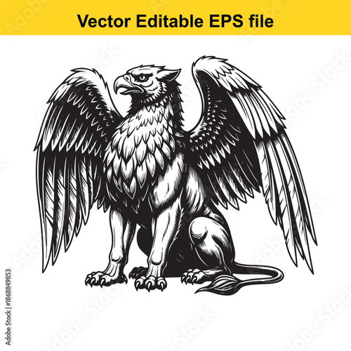 griffin creature with wings spread wide and feathers detailed in black and white
