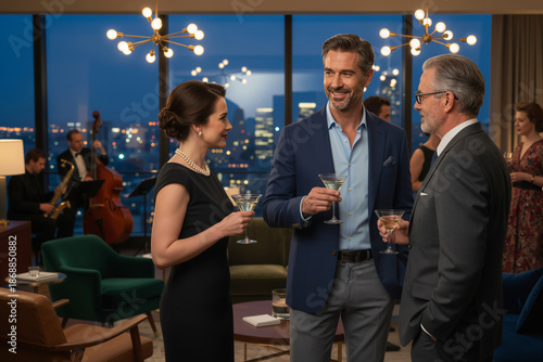 Elegant business networking cocktail party for successful adults in a luxury high-rise apartment with a panoramic night city view.