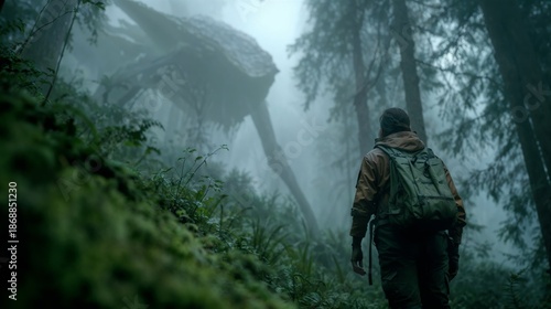 Hiker Facing Giant Alien Walker In Misty Forest Landscape