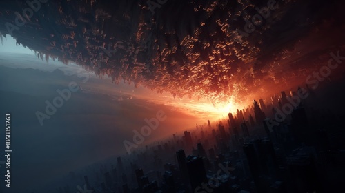 Futuristic Sci-Fi City Under Massive Burning Inverted Landscape