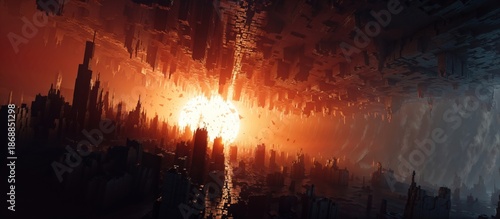 Futuristic Inverted Cityscape Tunnel With Glowing Orange Sun