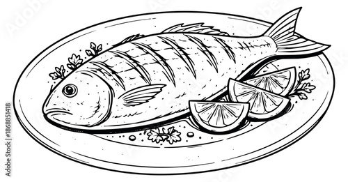 Hand drawn line art illustration of a whole grilled fish depicting a prepared dish with lemon and parsley for a restaurant menu