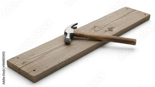 Hammer on wooden plank isolated on white background