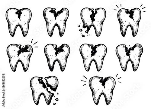 Hand drawn line art dental set featuring broken and decaying teeth for oral health education