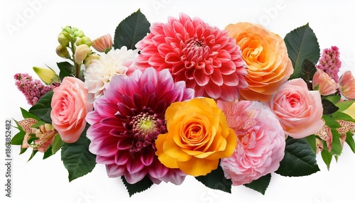 A Colorful Floral Arrangement With Dahlias And Roses Bloom On Transparent Background