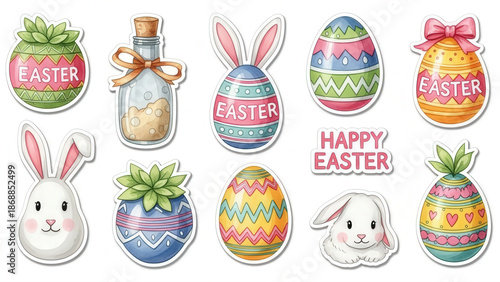 Colorful easter eggs and bunnies on white background isolated on white background