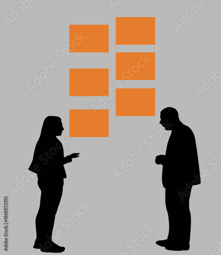 two staff making chat next to working board, silhouette vector