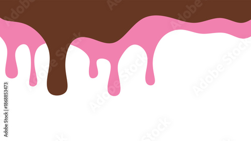 Sweet melting chocolate and pink strawberry icing glaze background. Dripping liquid syrup or sauce vector illustration for dessert menu, donut glaze, or food packaging.