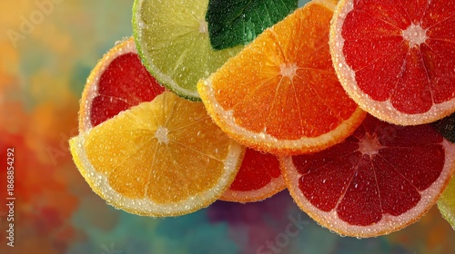 A vibrant collage of citrus fruit slices with water droplets, featuring a soft blurred background in warm yellow and orange tones.