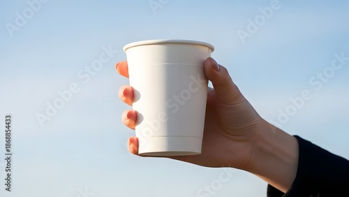 A hand holding a white paper coffee cup against a clear blue sky