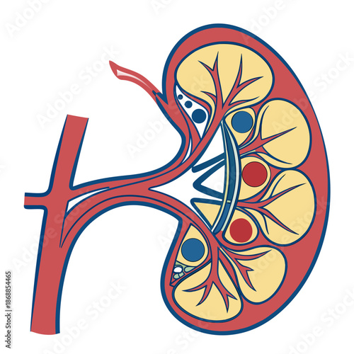 Kidney cross section diagram with cortex and medulla. Human anatomy medical illustration.