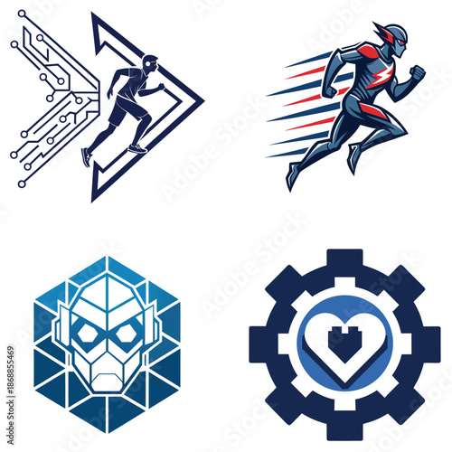 Futuristic athlete and gamer running with hexagon shield and heart gear vector illustration flat design