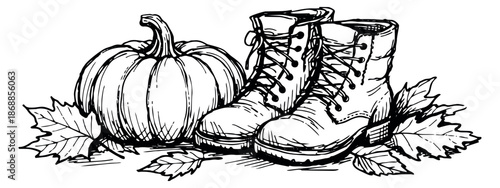 Hand drawn line art autumn set featuring a pumpkin, boots, and fall leaves for seasonal designs
